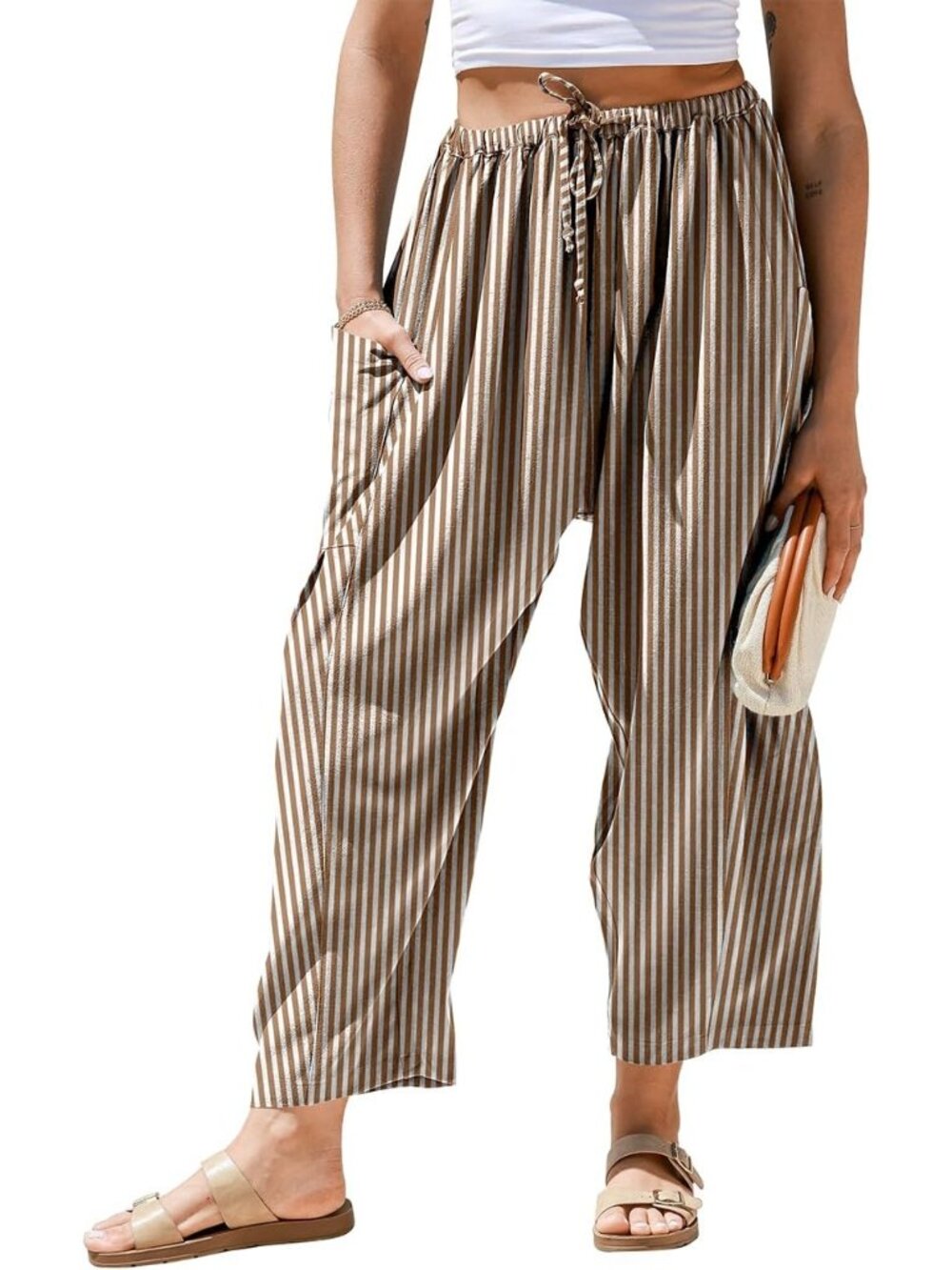 Women's Coffee Linen Wide Leg Striped Palazzo Harem Walking Holiday Pants